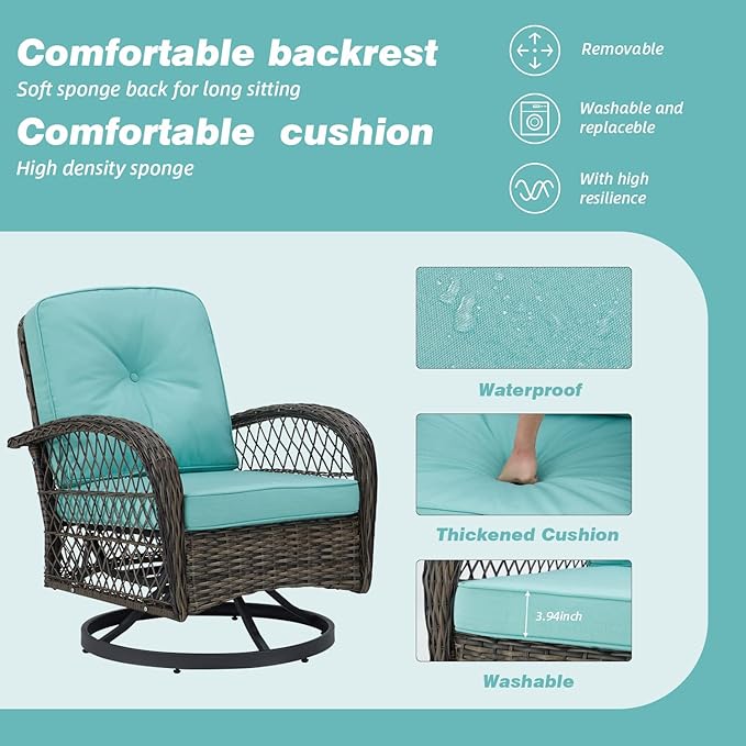 EROMMY 3 Pieces Outdoor Swivel Rocker Patio Chairs, 360 Degree Rocking Patio Conversation Set with Thickened Cushions and Glass Coffee Table for Backyard, Blue