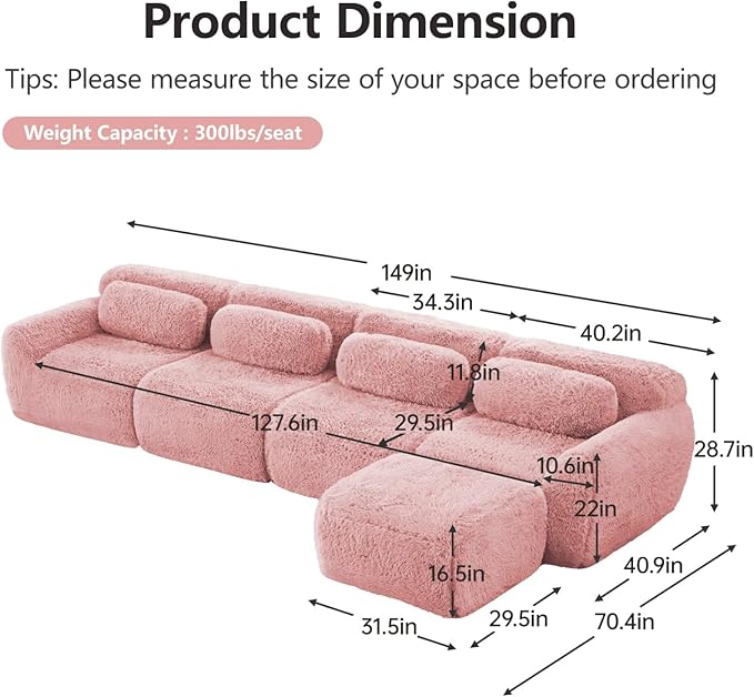 149" L-Shaped Boneless Modular Sofa, Plush Foam Lounge Couch, 32D High Density Sponge, Plush Convertible Sofa Set Deep Seat Couches for Living Room, Bedroom and Apartment, Pink