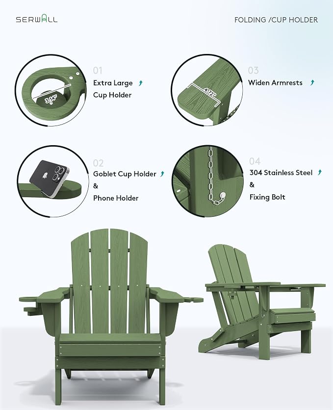 SERWALL Adirondack Chair with Cup Holders - Composite Adirondack Chairs HDPE Outdoor Chairs All Weather Use- Avocado - Image 7
