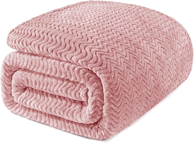 Exclusivo Mezcla Queen Blanket for Bed, Cozy Lightweight Fleece Blankets for All Season, Decorative Giftable Fuzzy Plush Wave Textured Suitable for Women, Men, Pink, 90x90 Inches