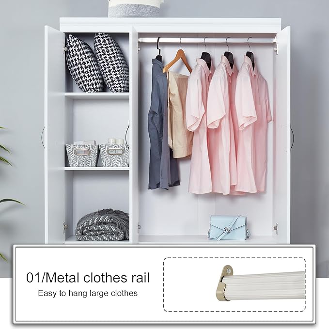 Wooden Armoire Wardrobe Closet：Modern Armoire Wardrobe Closet with 3 Doors, 2 Drawers and Hanging Rods for Tall Cabinet, Large Capacity Clothes Storage Cabinet for Bedroom Home, White