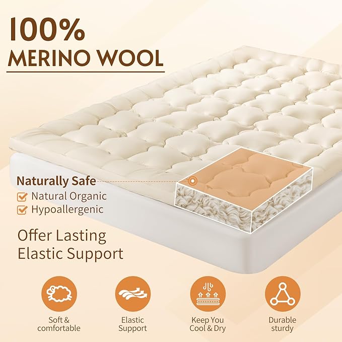 Luxury 100% Organic Wool Mattress Topper Made from Australian Merino, Extra Soft 1500 GSM Wool Mattress Pad for Back Pain Relief, Fuffy Mattress Cover (Beige, King(78"x80"))