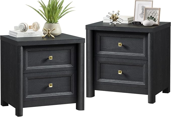 Black Nightstand Set of 2, Farmhouse Night Stand Set 2, Black and Gold Nightstand with 2 Drawers, Wood Bed Side Table for Bedroom, 23.3” Tall Nightstand with Gold Knob, Wooden End Table Sofa Couch by StandifurnoFurniture