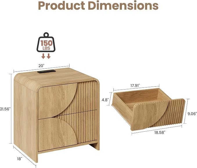 Nightstand Set of 2,Fluted Nightstand with Charging Station,20" Side Table with 2 Drawers Modern Night Stand Wooden End Table Bedside Table with Curved Design for Bedroom,Natural Oak - Image 2