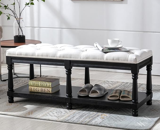 Kmax Storage Entryway Bench Tufted Shoe Rack Bench Black Wood Window Bench for Hallway Entrance Bedroom Corner, Beige by Kmax