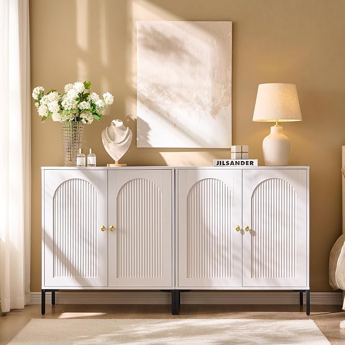 IFGET Modern TV Stands for 75 Inch TVs, 61.75‬"W Wood Entertainment Center w/Adjustable Shelves, Mid Century Modern TV Stand w/Arched Fluted Doors, Media Console Cabinet for Living Room, White - Image 7