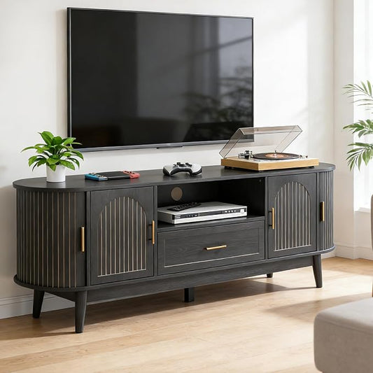 63" Fluted TV Stand for Tvs up to 70", Mid-Century Modern Entertainment Center with Drawers and Fluted Doors, Curved TV Media Console Table with Sliding Doors for Living Room, Bedroom (63" Black) by Mxtxmy