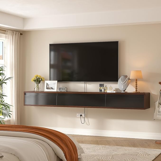 FurniNova Fully Assembled Floating TV Stand, Modern Plywood Media Console with 2 Drawers & 1 Flip Door, Wall Mounted Entertainment Center with High Gloss Finish & Round Edges, 47 inch, Walnut & Black - Image 7