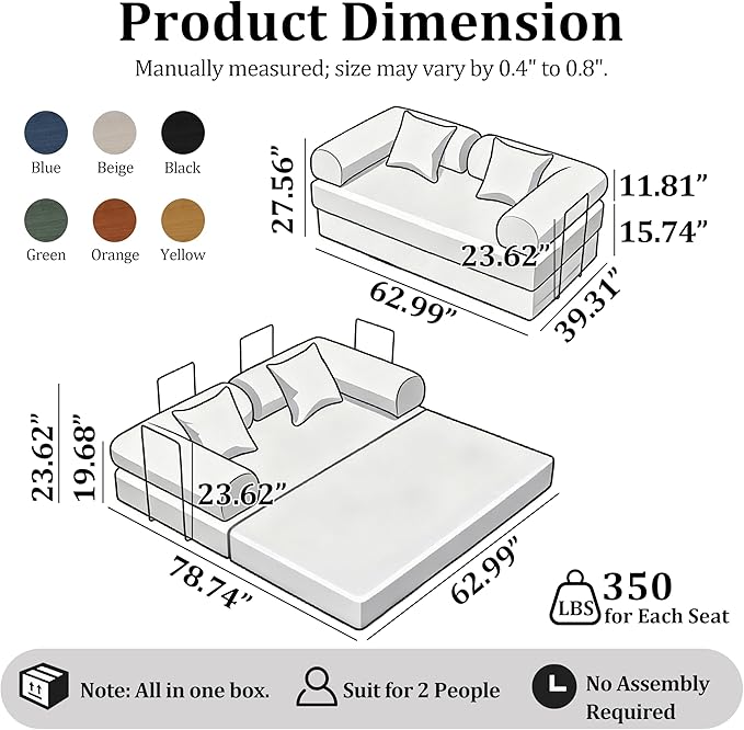 63'' Convertible Compressed Corduroy Folding Sofa Bed, Modern Modular Boneless Pull Out Loveseat Sleeper in a Box, 5 in 1 Floor Mattress Futon Couch, No Assembly Needed, Yellow, 2 Pillows, Queen