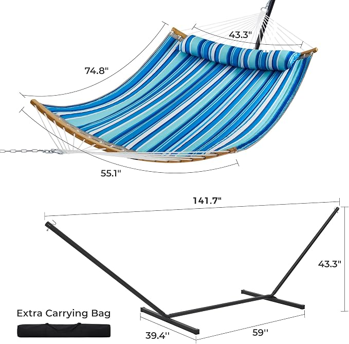 SUPERJARE Hammock with Stand, 2 Person Heavy Duty Hammock with Padded Cotton, Detachable Pillow & Strong Curved-Bar & Portable Carrying Bag, Perfect for Outdoor & Indoor, Blue Stripe - Image 8
