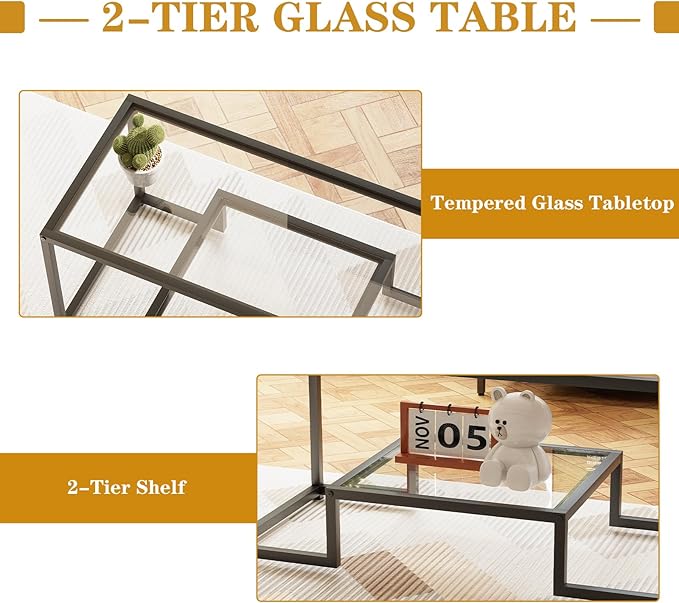 Coffee Table Black Glass Coffee Table for Living Room,2 Tiers Rectangle Center Table with Sturdy Metal Frame,Modern Tempered Glass Accent Table for Bedroom Home Office