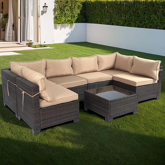 CHABATREE 7 Pieces Outdoor Patio Furniture Sets,Rattan Conversation Sectional Set,Manual Weaving Wicker Patio Sofa with Tea Table