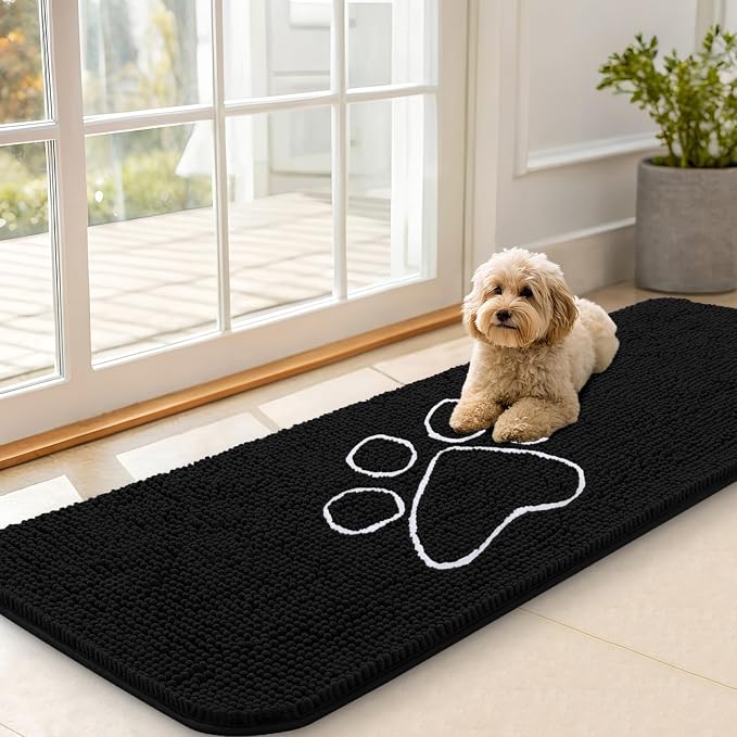 OLANLY Dog Door Mat for Muddy Paws 59x20, Paw Print Design, Absorbs Moisture and Dirt, Absorbent Non-Slip Washable Doormat, Quick Dry Chenille Mud Mat for Dogs, Entry Indoor Entryway Carpet, Black by OLANLY