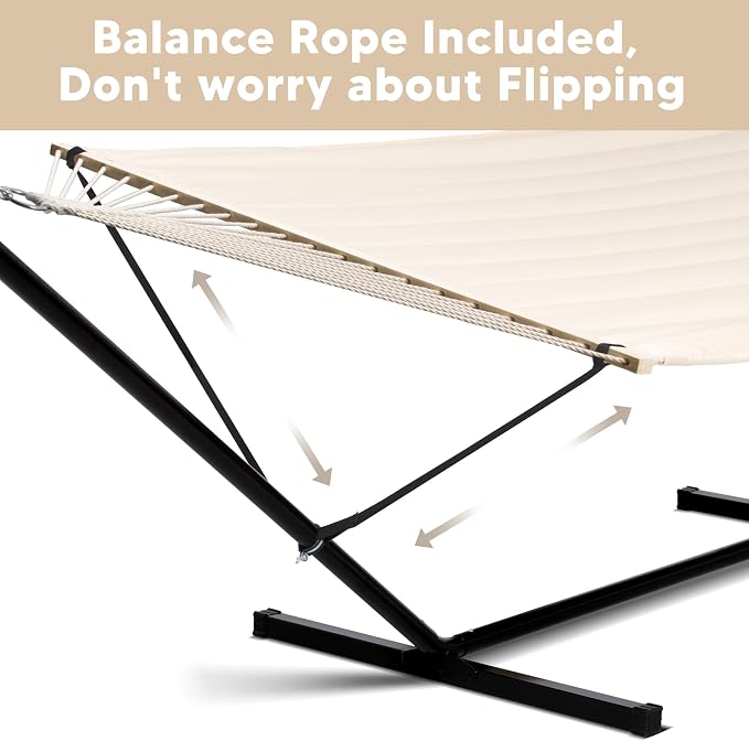 SUNCREAT Hammocks Extra Large Double Hammock with 12 ft Stand, 475lbs Capacity, Outdoor Portable Hammock with Hardwood Spreader Bar, Extra Large Pillow, Beige - Image 3
