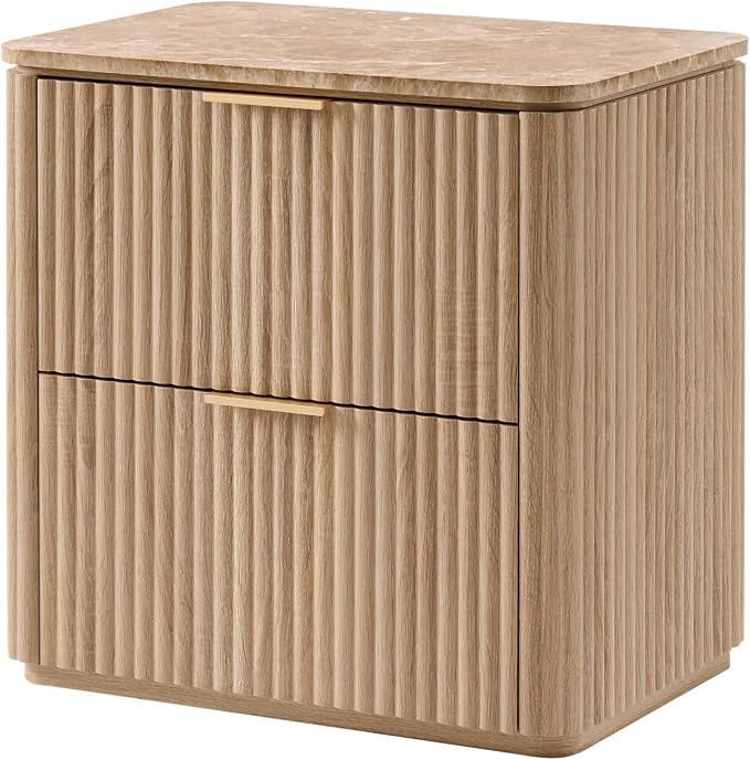 Fluted Night Stand, 23"W Nightstand with 2 Drawers, Wood Bed Side Table with Faux Marble-Top, Curved Profile Design, Metal Handle, Modern Bedside Table for Bedroom, Living Room End Table, Natural Oak by DelArk