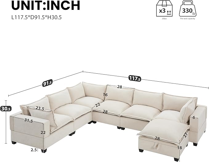 Merax Modern U-Shaped Modular Couch Set with Storage Ottoman, Chenille 7-Seat Sectional Sofa Sleeper Bed with Wide Seat for Living Room, Free Combination,Off White