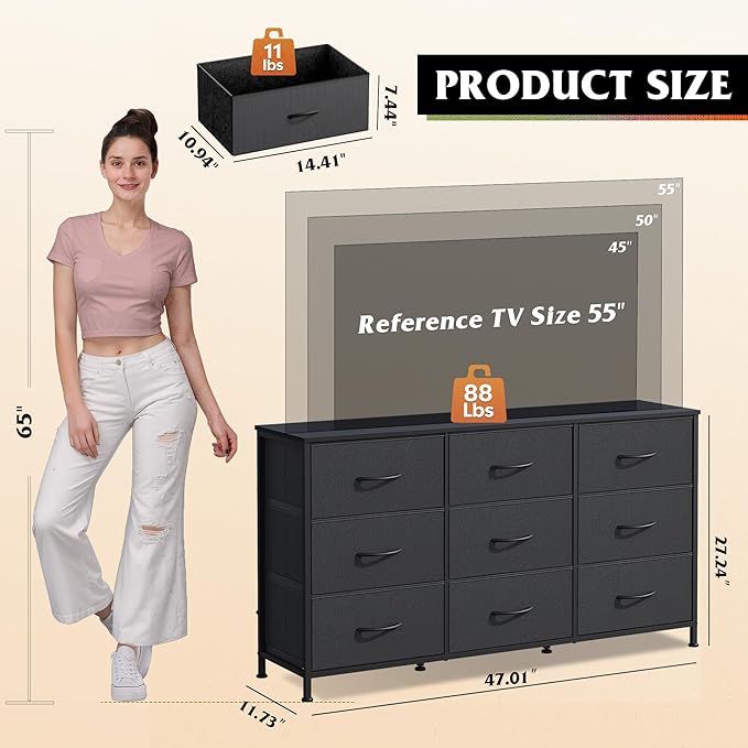WLIVE 47''W Dresser for Bedroom, Black Dresser TV Stand for 45, 50, 55 inch TV, Wide Chest of Drawers with 9 Drawer, Large Entertainment Center, Fabric Dressers with Wood Top for Closet, Living Room - Image 3