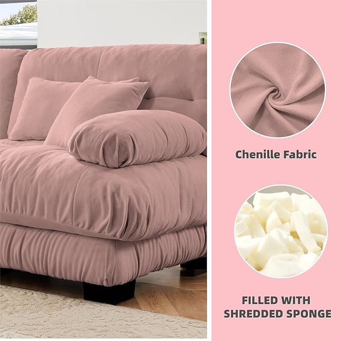 133.8" L-Shaped Cloud Couch, Oversized Modular Sectional Sofa, Deep Seat Cloud Boneless Couch, 3-Seat Modular Sectional Sofa with Ottoman or Living Room,Bedroom and Apartment, Pink