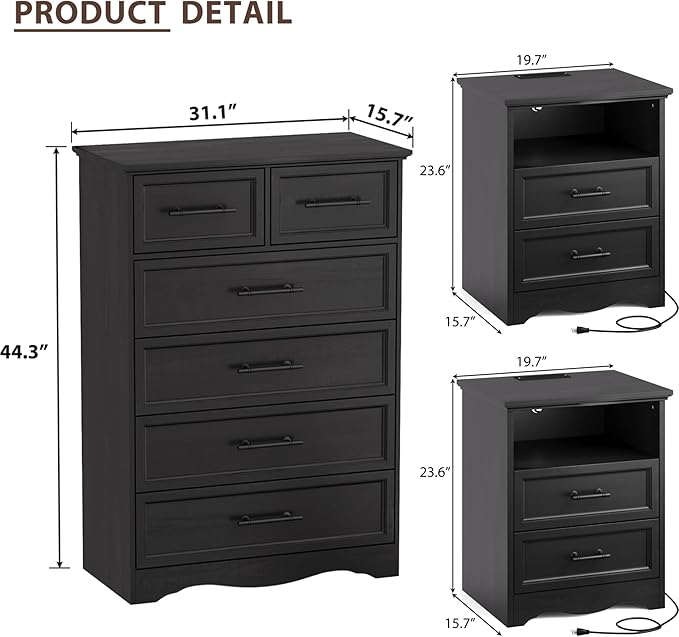 Bedroom Set, 3 Pieces Bedroom Furniture Set, Wood 6 Drawer Dresser and Nightstands with Charging Station, Farmhouse Storage Organizer Cabinet for Bedroom, Black