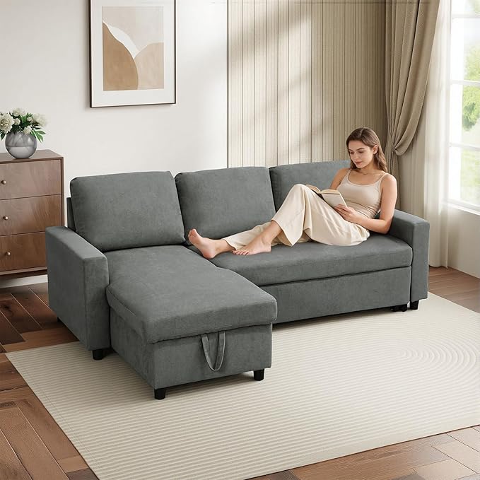 L-Shaped Sleeper Sofa with Chaise Lounge & Storage, Pull-Out Couch Bed with Recliner, Full Size Futon for Living Room, Office, Apartment Dark Grey