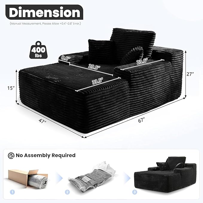 67”Chaise Lounge Chair Indoor, Oversized Corduroy Boneless Chair, Large Corduroy Upholstered Floppy Chair，Deep Seat Sleeper Couch，Cloud Sofas Couches for Living Room, No Assembly Required