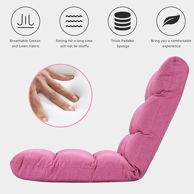 Giantex Adjustable Floor Gaming Sofa Chair 14-Position Cushioned Folding Lazy Recliner High Resilience Sponge, Breathable Cotton & Linen Fabric Sleeper Bed Couch Recliner with Removable Cover (Pink)