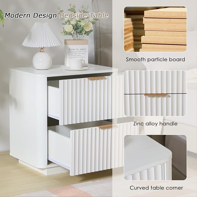 Fluted Nightstand with Charging Station, 23" Night Stands with 2 Drawers, Wood End Table with Storage, White Bedside Table for Bedroom - Image 3