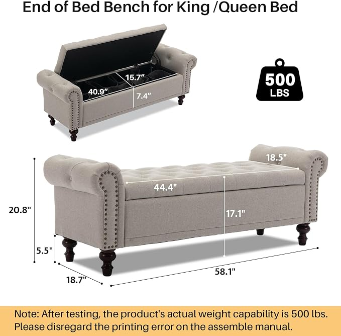 SOFTHION 58.1" Storage Bench Upholstered Linen End of Bedroom Bed Bench Ottoman with Tufted Cushioned Rolled Arm Large Storage Space for Reading Living Room Entryway, Light Brown - Image 2