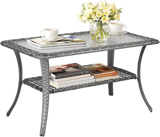 VINGLI Outdoor Coffee Table with Storage Wicker Patio Coffee Table, Tempered Glass Top Coffee Table for Patio Outside Balcony Porch Deck (Grey) by VINGLI