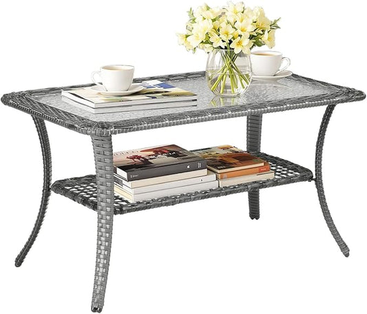 VINGLI Outdoor Coffee Table with Storage Wicker Patio Coffee Table, Tempered Glass Top Coffee Table for Patio Outside Balcony Porch Deck (Grey) by VINGLI