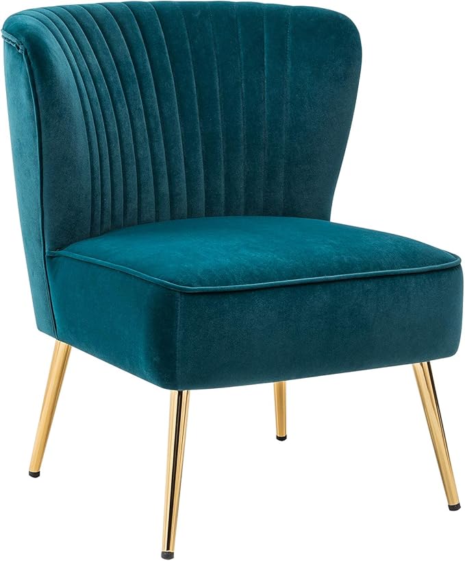 HULALA HOME Velvet Accent Chair, Modern Upholstered Cute Side Chair with Gold Metal Legs, Armless Wingback Slipper Chair Comfy Living Room Chair for Bedroom Guest Room Vanity, Teal