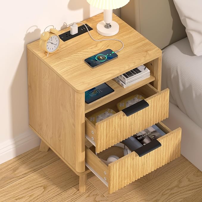 HOMMPA 18'' Fluted Nightstand with Charging Station, Modern Bedside Table, 2 Drawer Bed Side End Table with Open Compartment & 4 Support Legs, Wood Night Stand for Bedroom, Curved Profile Design - Image 7