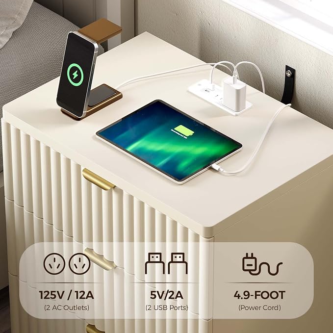 Nightstands Set of 2, Nightstand with Charging Station & 3 Drawers Storage Bedside Table Large Fluted Bed Side End Table, Modern Nightstand for Bedroom Living Room (Beige) - Image 4