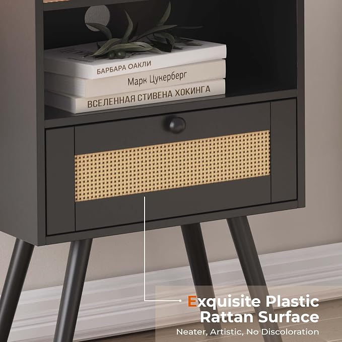 SUPERJARE Nightstands with Charging Station, Bedside Table Set of 2 with PE Rattan Drawers, Rattan Side Table with Storage & Solid Wood Feet, End Table for Bedroom, Black - Image 7