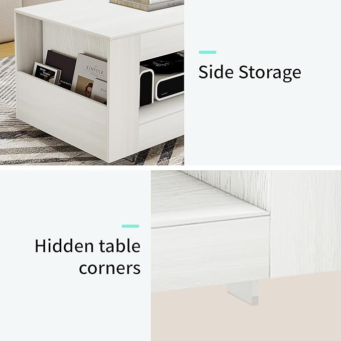 39" Wood Coffee Table for Living Room, Sides Storage with Transparent Legs, Minimalist Modern 2-Tier Storage Shelf Center Table for Home Office, Apartment, White
