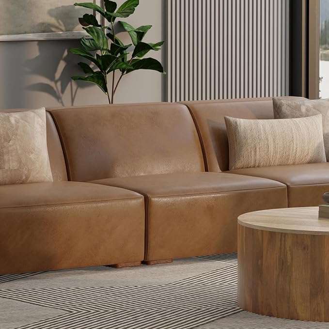 SIMPLIHOME Rex Center Sofa Module in Full-Grain Genuine Leather, Caramel Brown, 34-inches Wide, Handcrafted Modern-Style Armless Sofa or Armless Chair for Living Room and Family Room