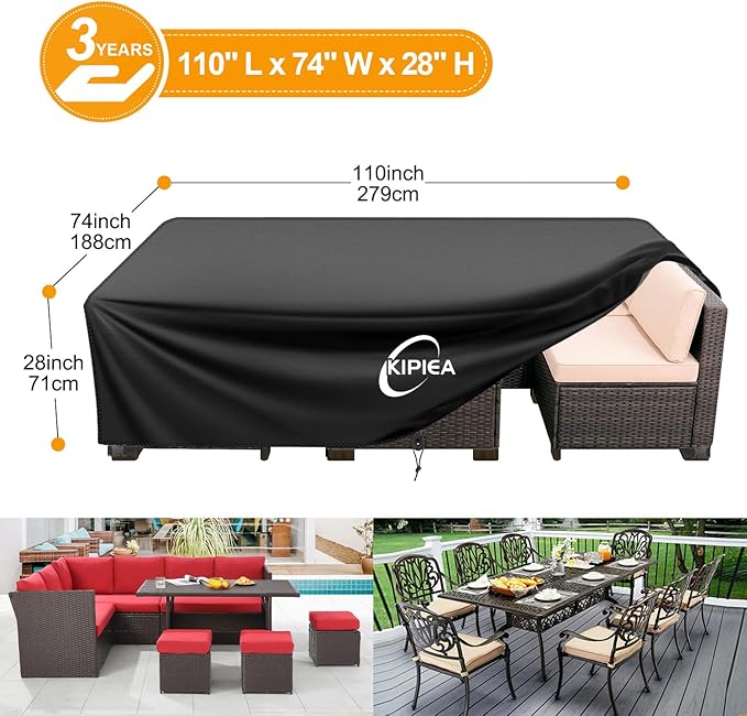 Kipiea Outdoor Furniture Covers Waterproof, 420D Heavy-Duty Patio Furniture Set Covers, No Tears Anti UV No Fading (110" L x 74" W x 28" H) - Image 2