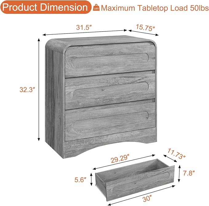 32" Large Nightstand, 3 Drawer Nightstand with Spacious Drawers, Pre-Installed Slides, Wood Bedside Table, Modern End Table, Curved Night Stand for Bedroom Sofa Couch Office, Grey - Image 2