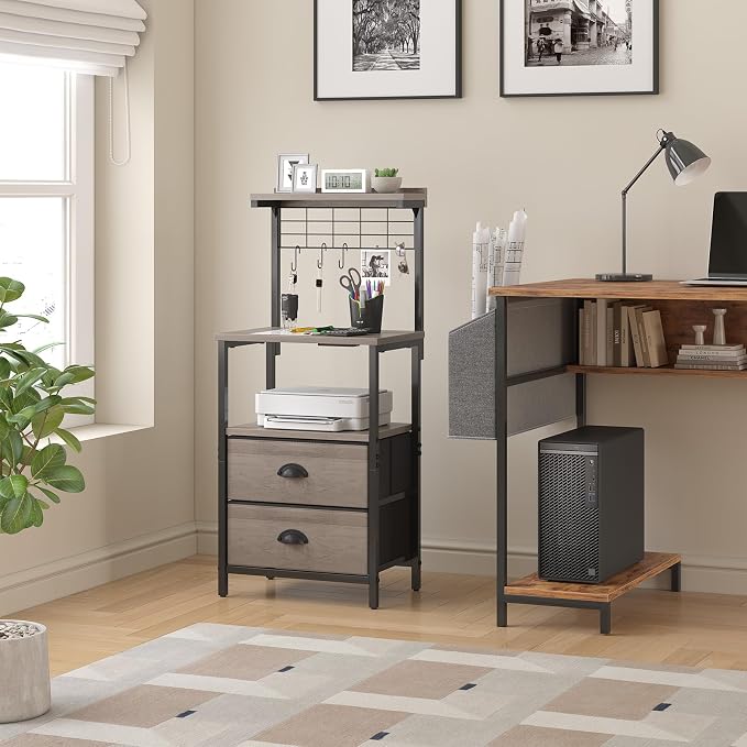 sthmec Tall Nightstands with Charging Station, LED Night Stand Bedsides with 2 Fabric Drawers,Hooks,USB Port and Open Storage Shelves,Tall End Table Bedside for Bedroom,Office, Grey - Image 5