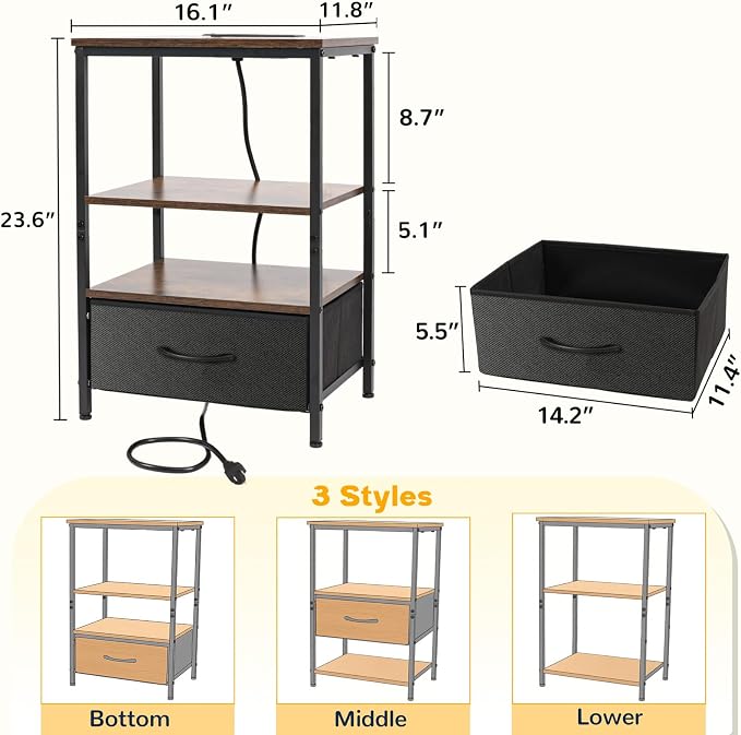 Night Stand with Charging Station, Bedside Table with Adjustable Fabric Drawers, End Table with LED Lights, Side Table with USB Ports Open Shelf for Bedroom, Black - Image 2
