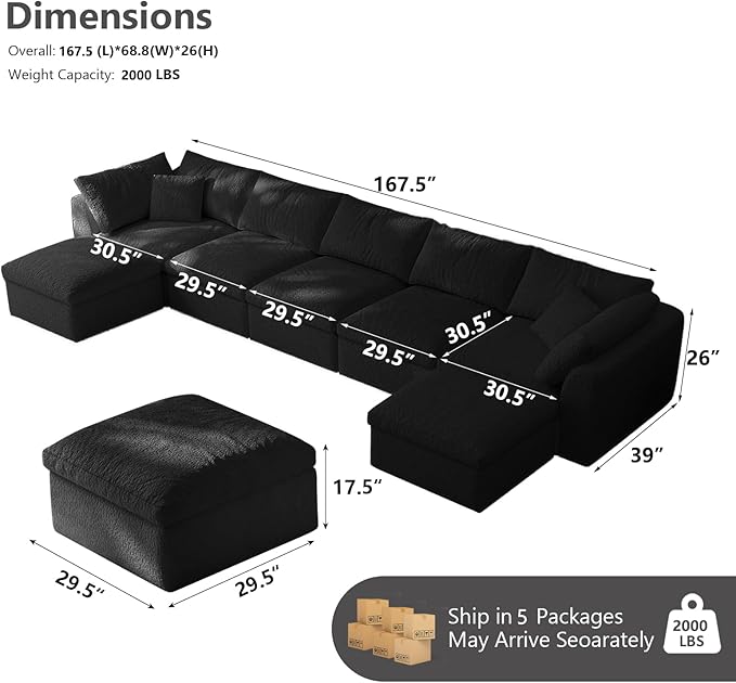 Modular Sectional Sofa Boneless Cloud Couch for Living Room, U Shape Deep Seat Recliner Sofa with Ottoman, Adjustable Backrest & 2 Throw Pillows - Covers Washable, (Black, 5 Seater+2 Ottoman)