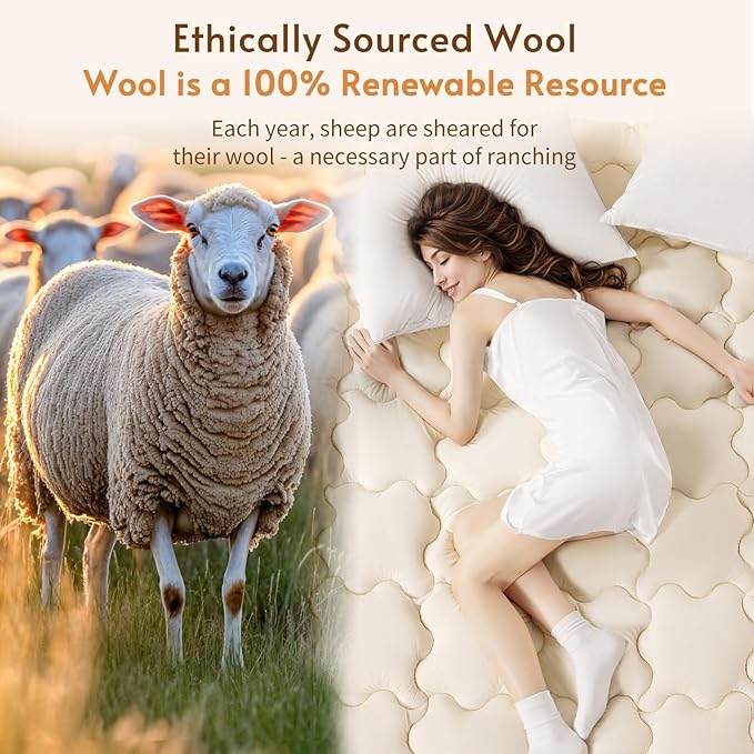 Luxury 100% Organic Wool Mattress Topper Made from Australian Merino, Extra Soft 1500 GSM Wool Mattress Pad for Back Pain Relief, Fuffy Mattress Cover (Beige, King(78"x80"))