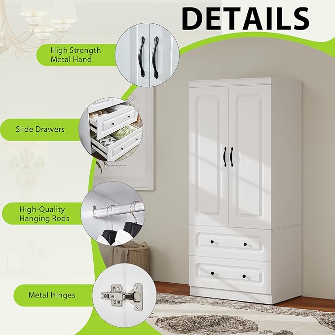 Armoire Wardrobe Closet: Wood White Bedroom Armoire Storage Cabinet for Large Capacity with 2 Doors, Tall Armoire and Wardrobe Closet with 2 Drawers & Hanging Rail
