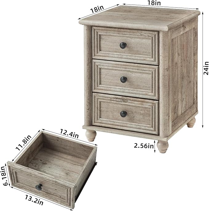 RWYHG 18" Farmhouse Night Stand Set of 2, Gray Wood Nightstand with 3 Drawers, Bedside End Table with Storage and Roman Column, Bed Side Tables Cabinet for Bedroom, Living Room, and Closet - Image 3