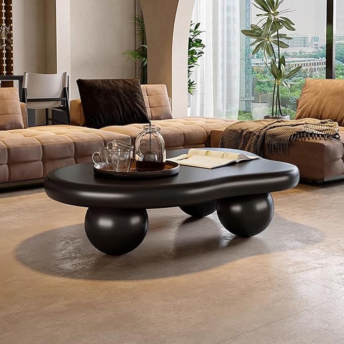 Modern Wooden Coffee Table Cloud Coffee Table Cute Central Living Room Low Table Irregular Indoor End Table Black Coffee Tables with 3 Ball Legs for Living Room Bedroom (Black Round Leg B 47.2 inch)