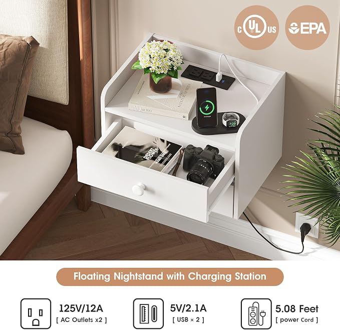 Floating Nightstand Set of 2 with 2 Storage Drawers and Charging Station Wood Wall Mounted Bedside End Table Modern Night Stands Set 2 for Bedroom,Small Space,White - Image 4