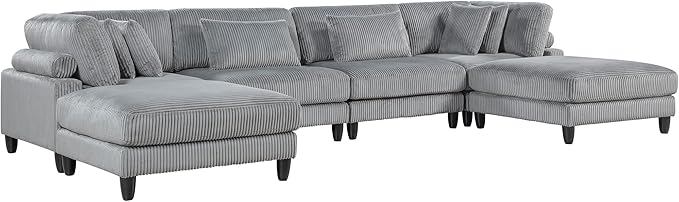 Lexicon 160 Inch Modular Sectional Sofa - Oversized 6 Seater Corduroy U Shaped Sectional Couch, 6 Accent Pillows, and Flexible Arrangement for Modern Living Rooms, Gray