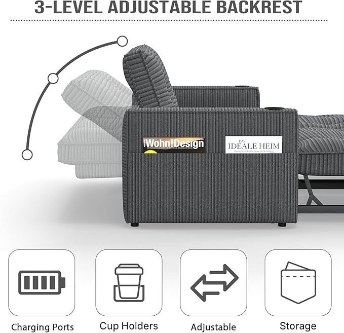 Rovibek 73.2" Convertible Sofa Bed, Pull Out Couch with USB Charging Port & Cup Holders, Adjustable Backrest, Side Pockets, Modern Corduroy Sleeper Sofa for Living Room, Bedroom, Apartment, Grey