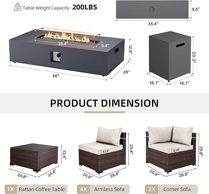 UPHA 9 Pieces Patio Furniture Sets, Wicker Outdoor Sectional Sofa Couch with Rectangle Propane Fire Pit for Deck Backyard Garden, Brown Rattan, White Cushion