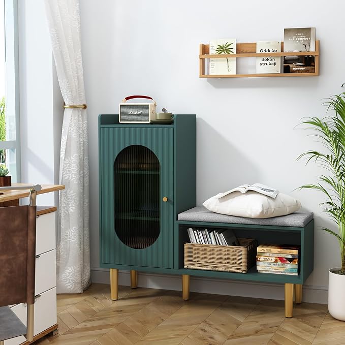HLR Storage Bench with Glass Door&Shelf, Modern Entryway Shoe Cabinet Bench with Padded Seat, Green L-Shaped Storage Cabinet for Hallway, Bedroom, Living Room, Office - Image 6